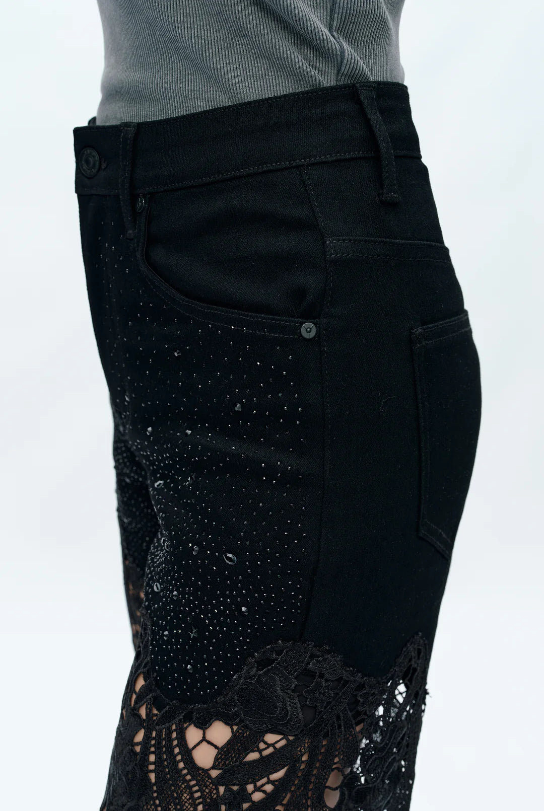 Bayeas Lesley Black High Rise Lace Wide Leg Jeans with Rhinestones-Jeans-Bayeas-Deja Nu Boutique, Women's Fashion Boutique in Lampasas, Texas