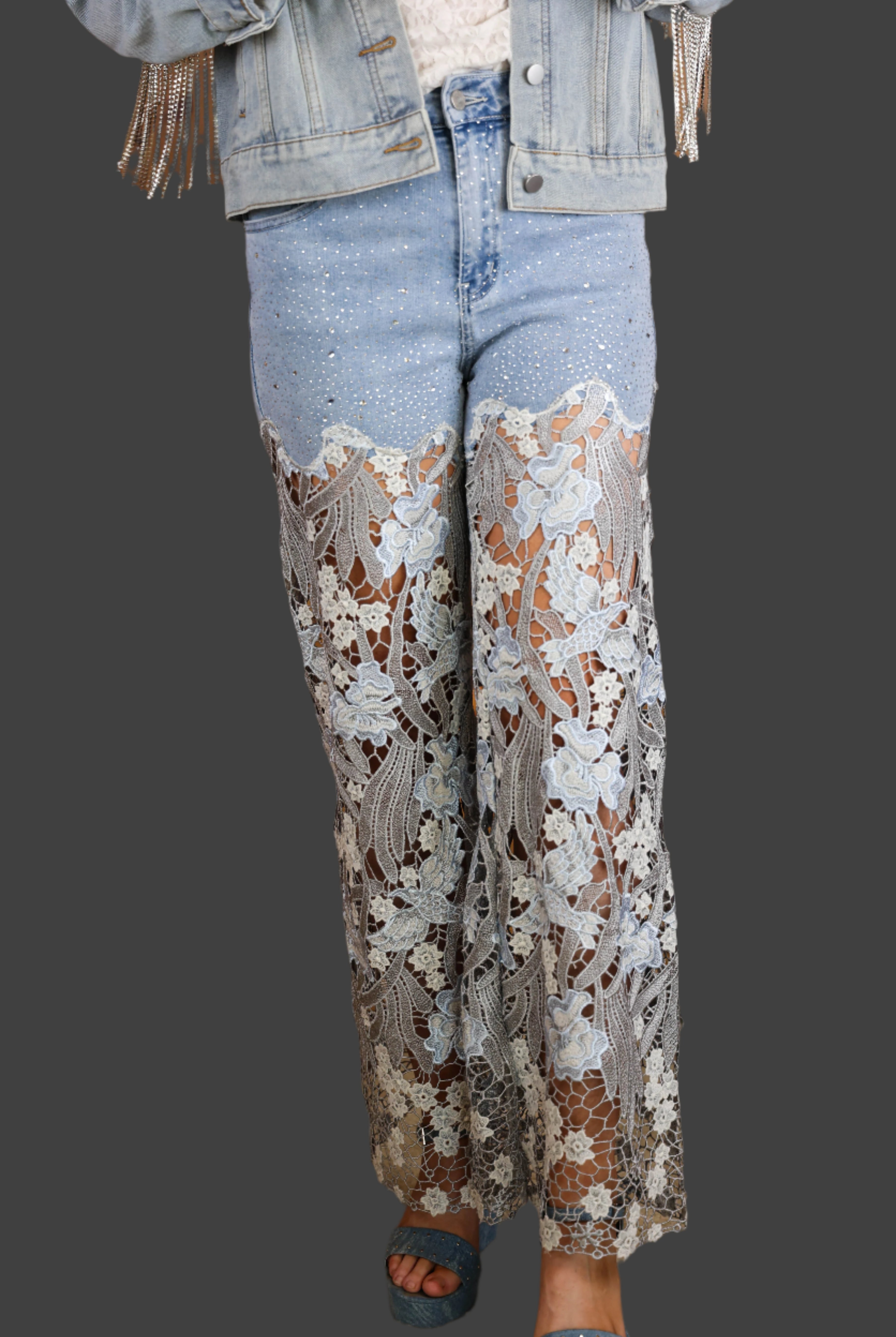 Bayeas Lesley Blue High Rise Lace Wide Leg Jeans with Rhinestones-Jeans-Bayeas-Deja Nu Boutique, Women's Fashion Boutique in Lampasas, Texas