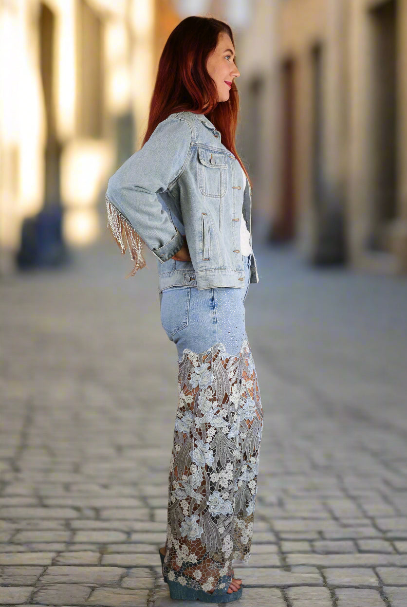 Bayeas Lesley Blue High Rise Lace Wide Leg Jeans with Rhinestones-Jeans-Bayeas-Deja Nu Boutique, Women's Fashion Boutique in Lampasas, Texas