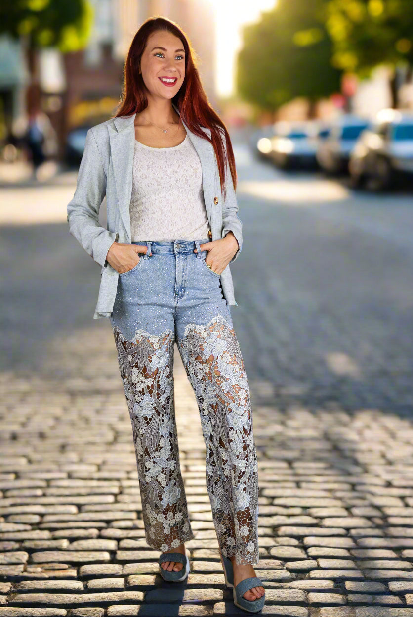 Bayeas Lesley Blue High Rise Lace Wide Leg Jeans with Rhinestones-Jeans-Bayeas-Deja Nu Boutique, Women's Fashion Boutique in Lampasas, Texas
