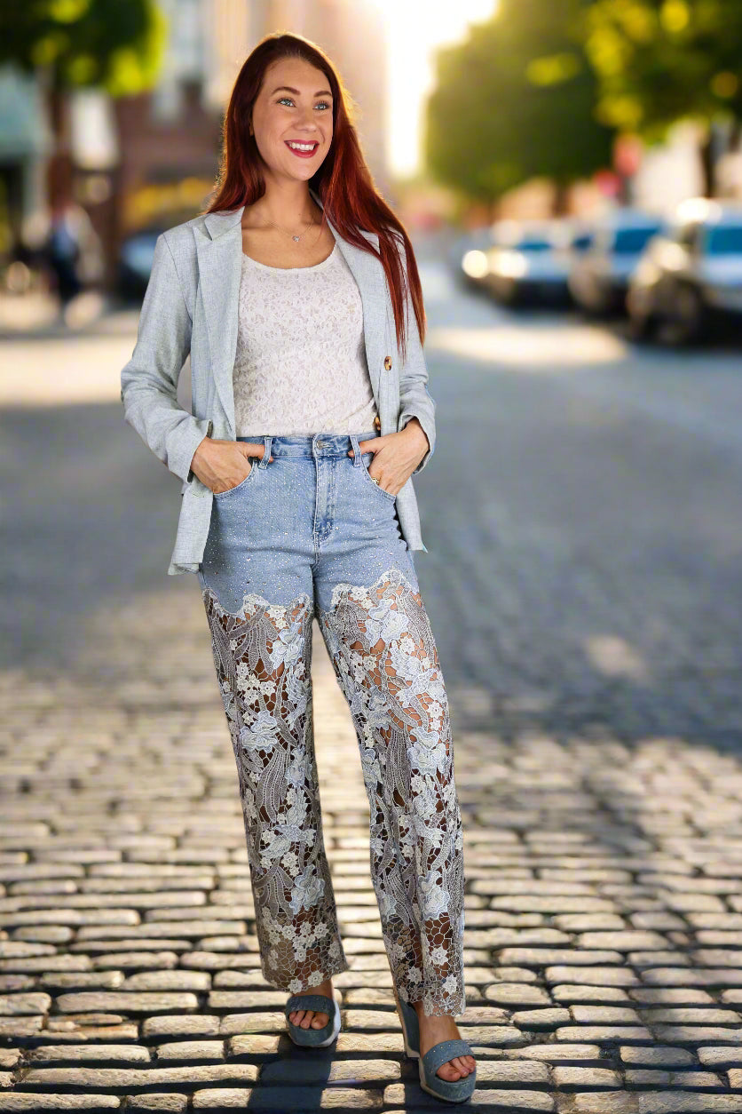 Bayeas Lesley Blue High Rise Lace Wide Leg Jeans with Rhinestones-Jeans-Bayeas-Deja Nu Boutique, Women's Fashion Boutique in Lampasas, Texas