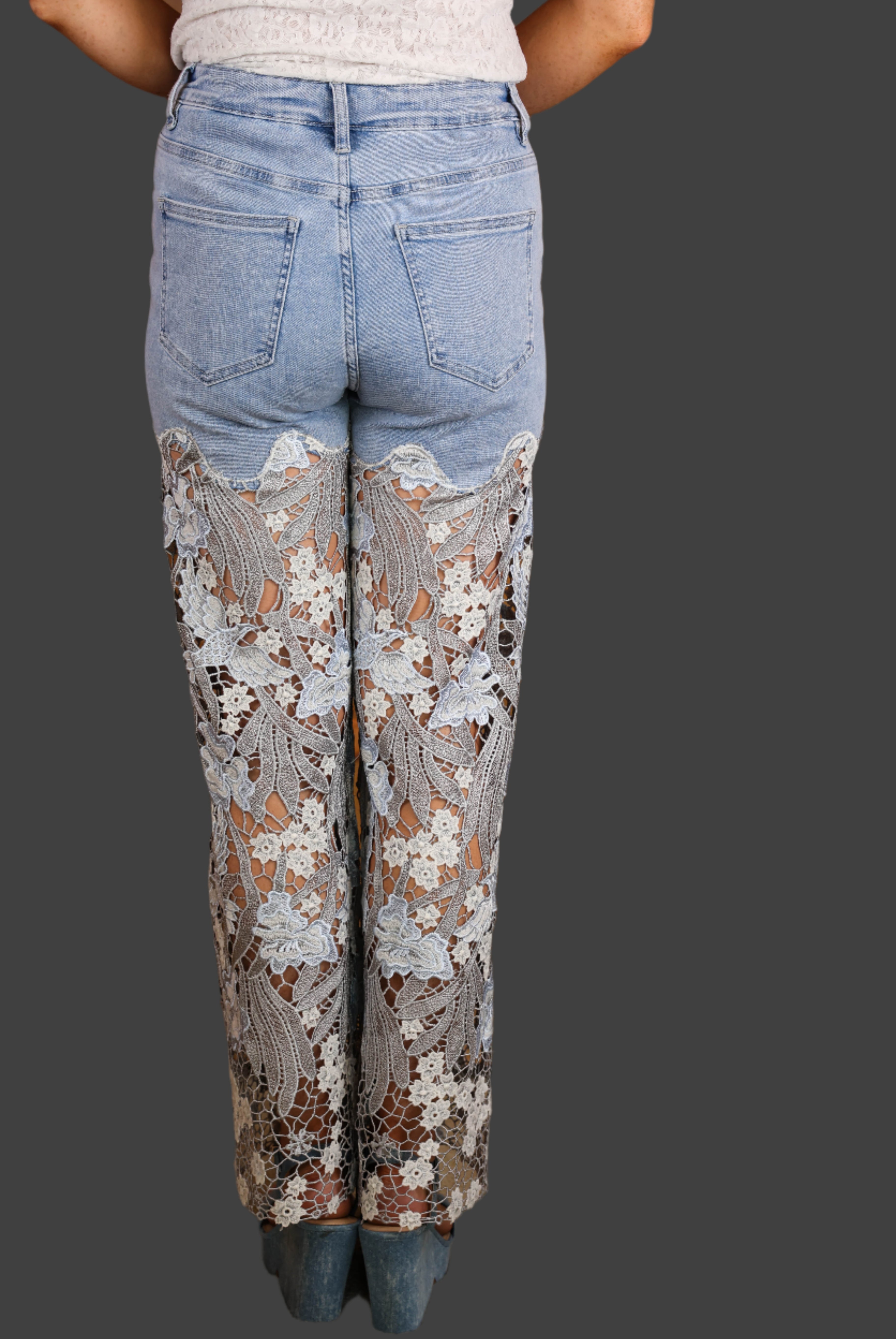 Bayeas Lesley Blue High Rise Lace Wide Leg Jeans with Rhinestones-Jeans-Bayeas-Deja Nu Boutique, Women's Fashion Boutique in Lampasas, Texas