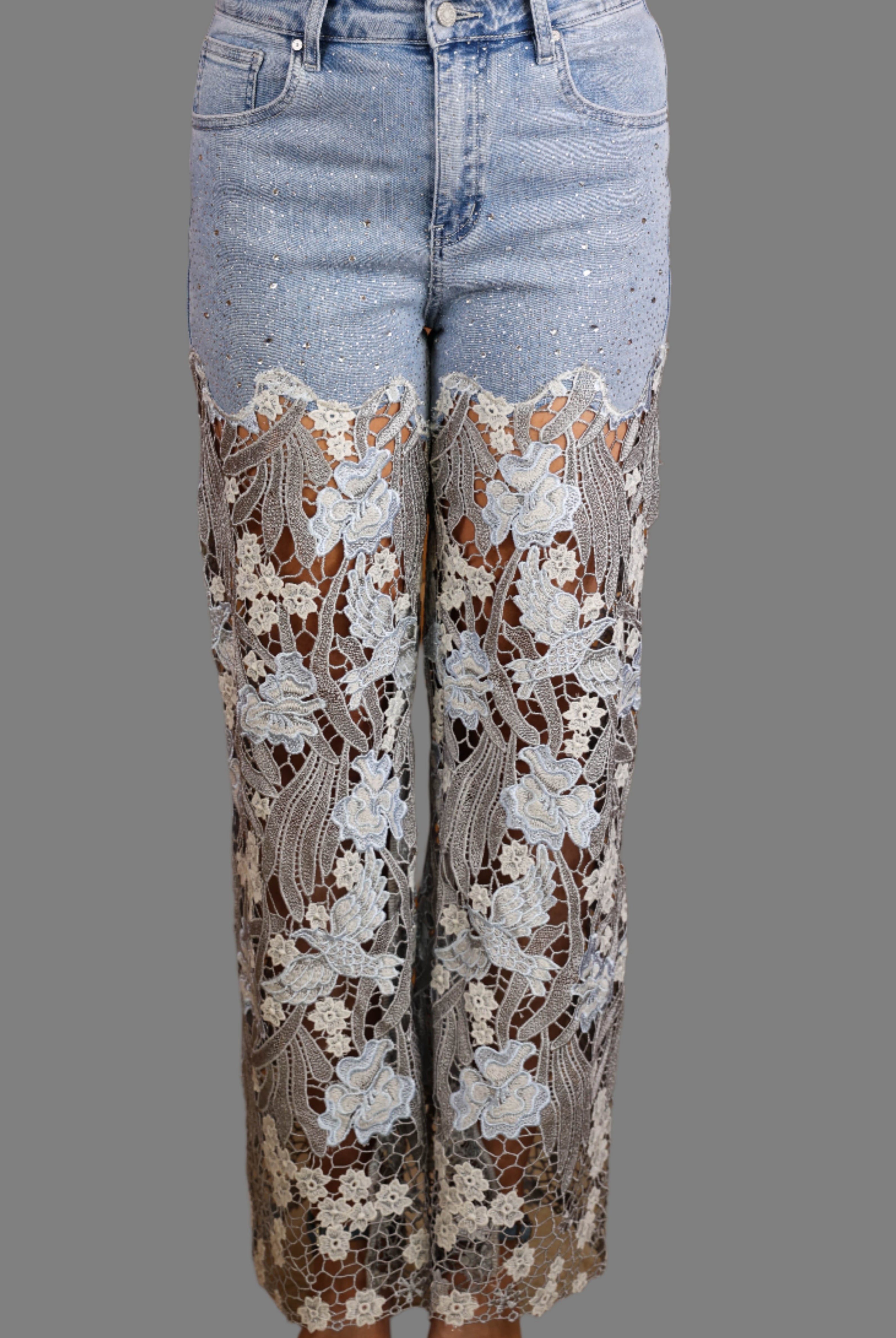 Bayeas Lesley Blue High Rise Lace Wide Leg Jeans with Rhinestones-Jeans-Bayeas-Deja Nu Boutique, Women's Fashion Boutique in Lampasas, Texas