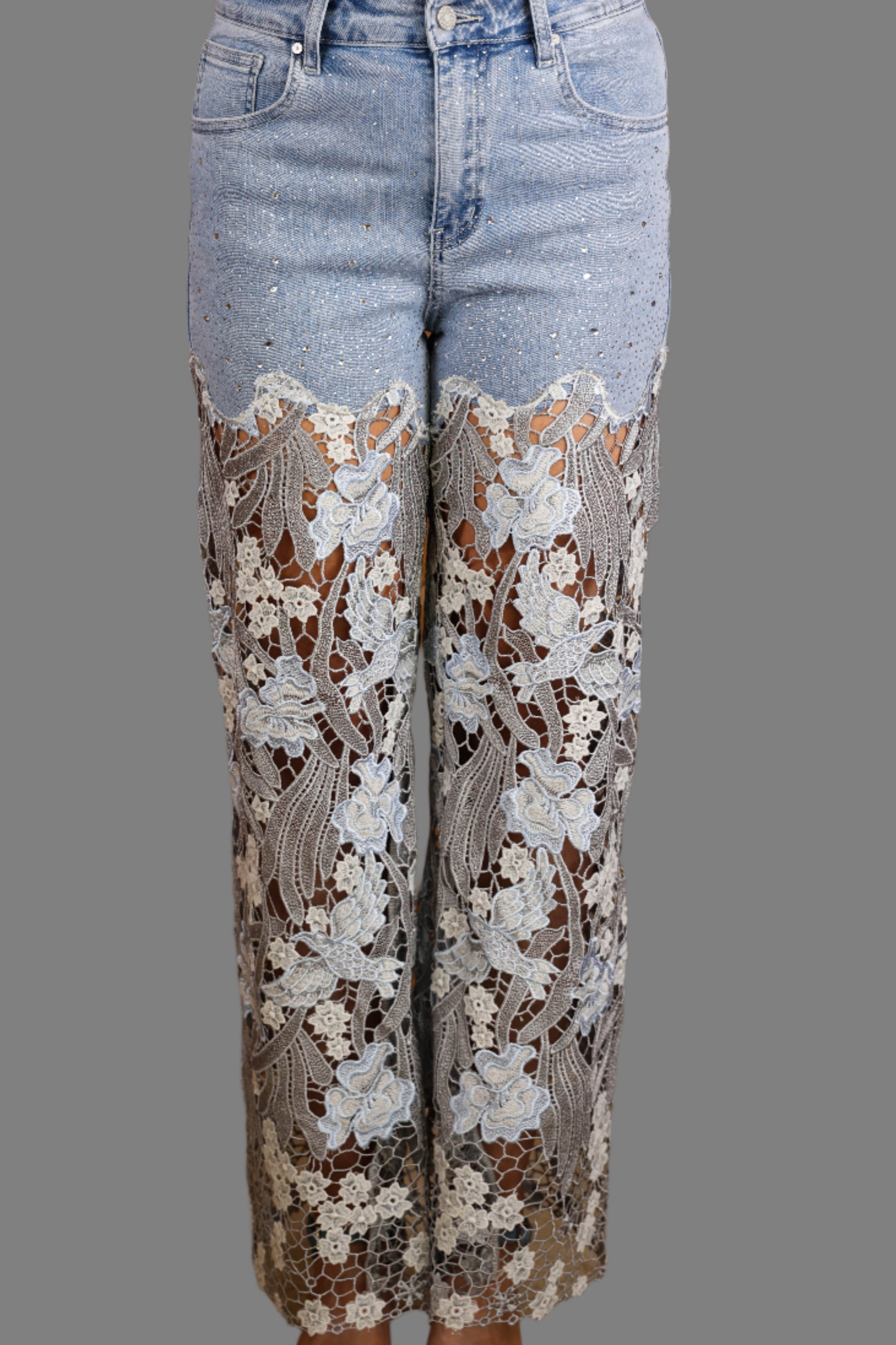 Bayeas Lesley Blue High Rise Lace Wide Leg Jeans with Rhinestones-Jeans-Bayeas-Deja Nu Boutique, Women's Fashion Boutique in Lampasas, Texas