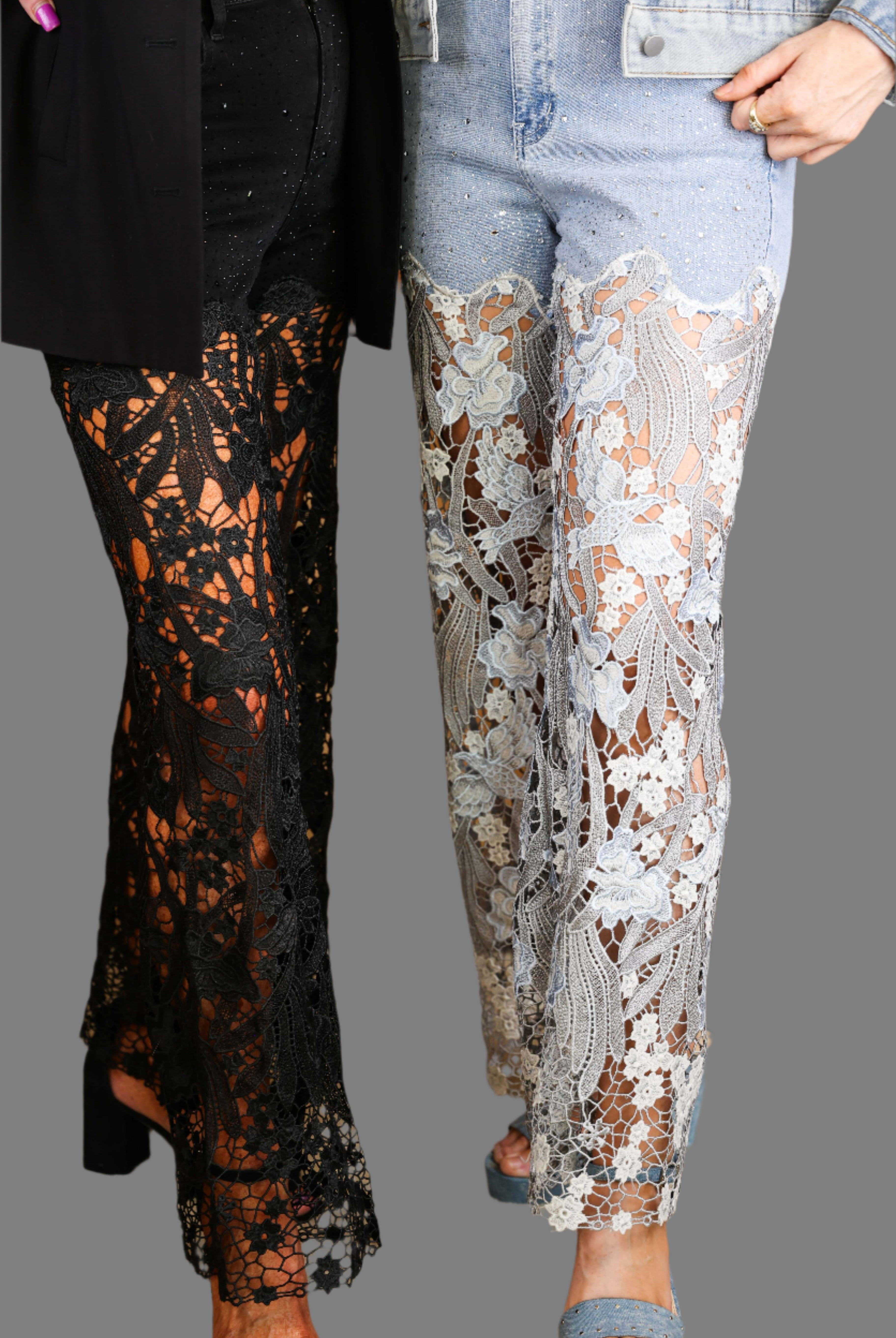 Bayeas Lesley Blue High Rise Lace Wide Leg Jeans with Rhinestones-Jeans-Bayeas-Deja Nu Boutique, Women's Fashion Boutique in Lampasas, Texas