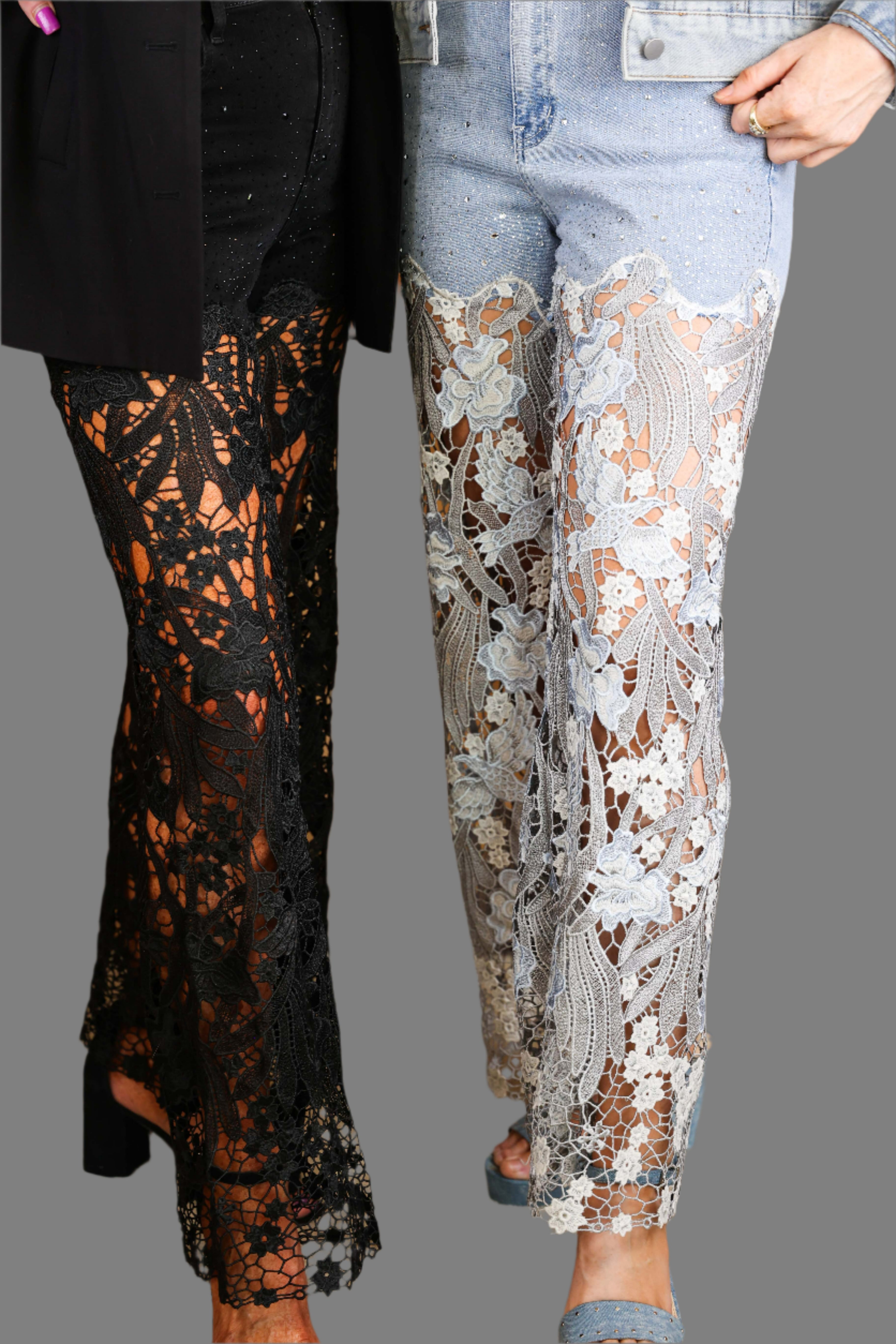 Bayeas Lesley Blue High Rise Lace Wide Leg Jeans with Rhinestones-Jeans-Bayeas-Deja Nu Boutique, Women's Fashion Boutique in Lampasas, Texas