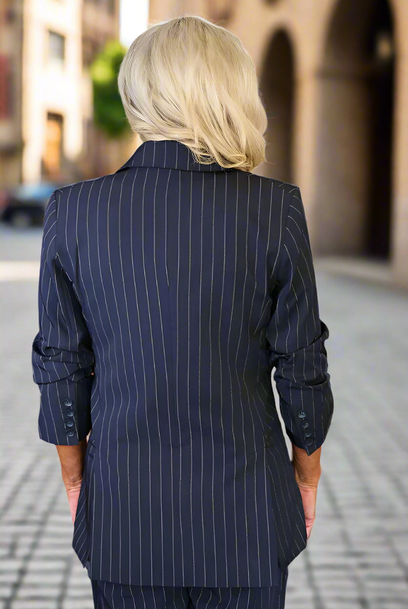 Bishop + Young Precious Moments Madison Ruched Sleeve Navy Pinstripe Blazer-Blazers-Bishop And Young-Deja Nu Boutique, Women's Fashion Boutique in Lampasas, Texas