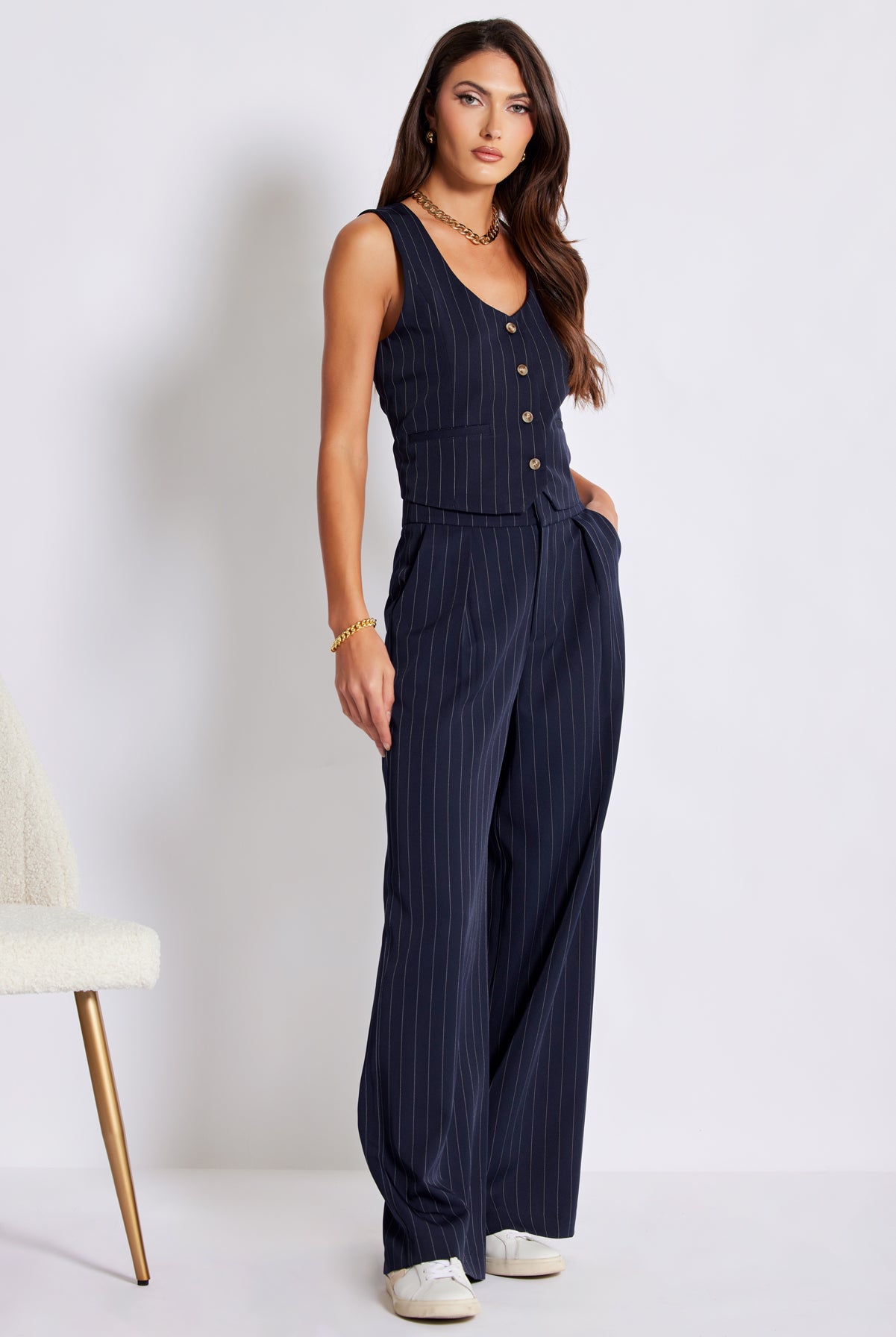 Bishop + Young Precious Moments Sorrento Wide Leg Navy Pinstripe Pant-Pants-Bishop And Young-Deja Nu Boutique, Women's Fashion Boutique in Lampasas, Texas