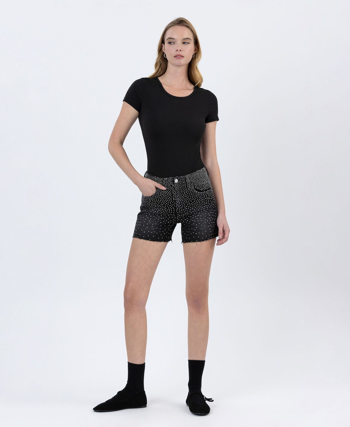 Black Rhinestone A-Line Denim Shorts – Lovervet by Vervet-Shorts-Vervet by Flying Monkey-Deja Nu Boutique, Women's Fashion Boutique in Lampasas, Texas