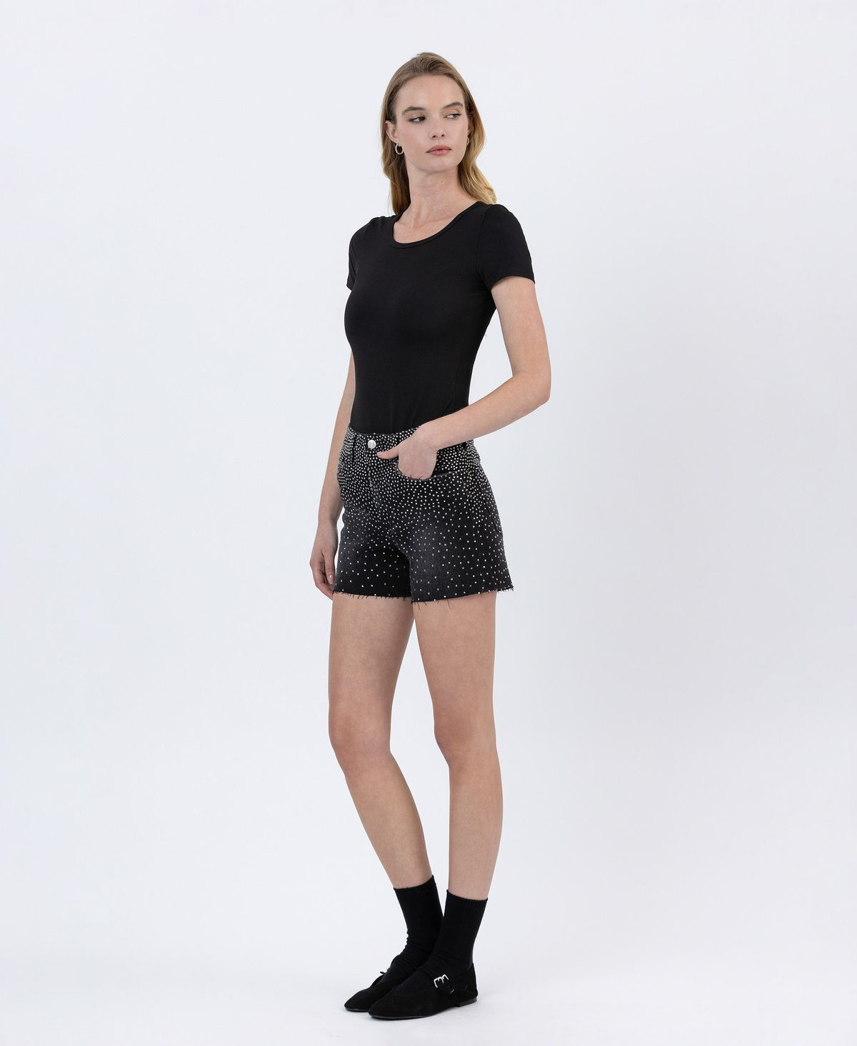 Black Rhinestone A-Line Denim Shorts – Lovervet by Vervet-Shorts-Vervet by Flying Monkey-Deja Nu Boutique, Women's Fashion Boutique in Lampasas, Texas