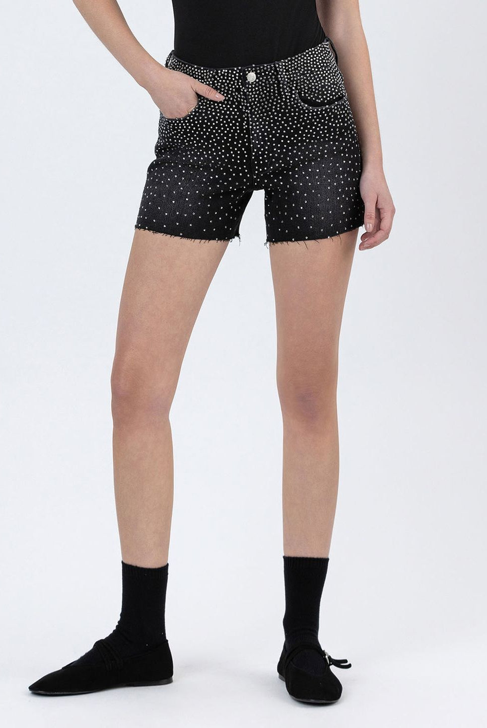 Black Rhinestone A-Line Denim Shorts – Lovervet by Vervet-Shorts-Vervet by Flying Monkey-Deja Nu Boutique, Women's Fashion Boutique in Lampasas, Texas