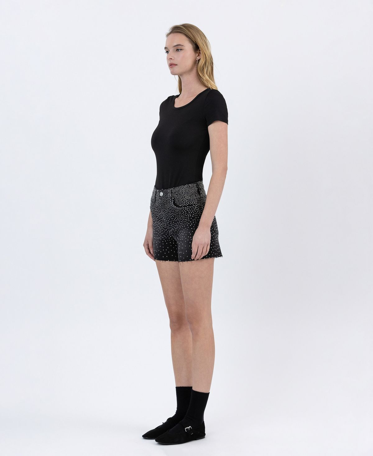 Black Rhinestone A-Line Denim Shorts – Lovervet by Vervet-Shorts-Vervet by Flying Monkey-Deja Nu Boutique, Women's Fashion Boutique in Lampasas, Texas