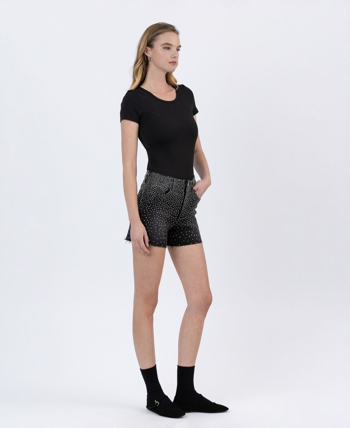 Black Rhinestone A-Line Denim Shorts – Lovervet by Vervet-Shorts-Vervet by Flying Monkey-Deja Nu Boutique, Women's Fashion Boutique in Lampasas, Texas