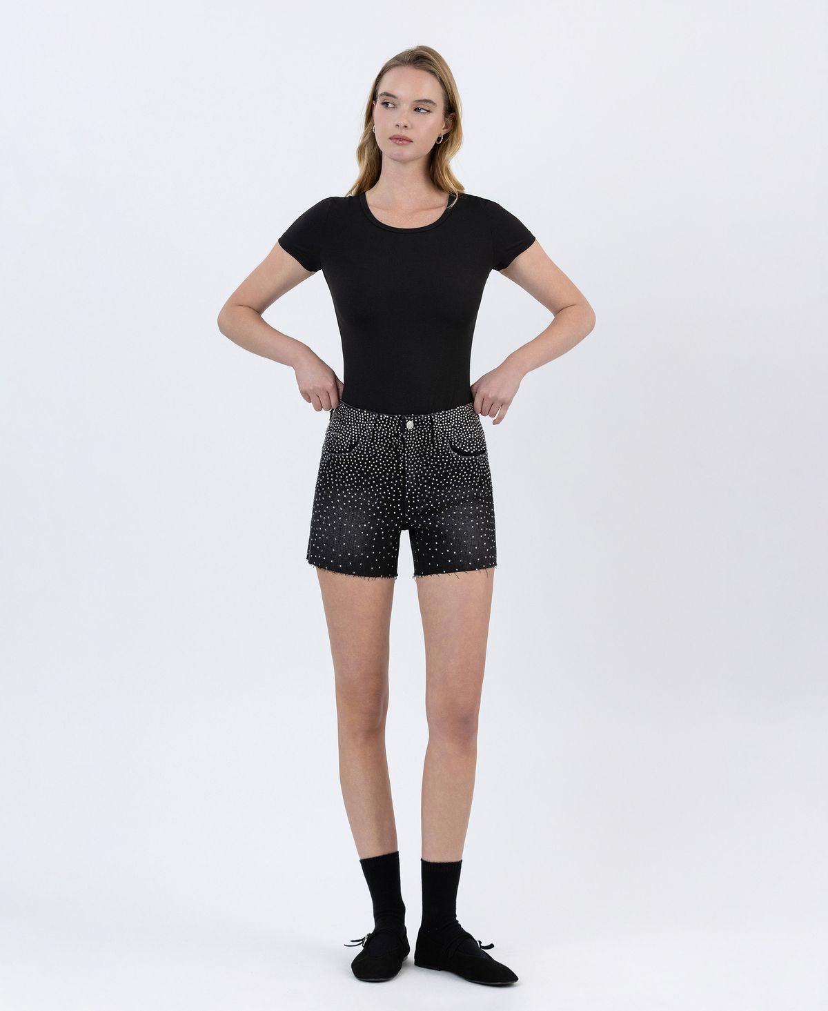 Black Rhinestone A-Line Denim Shorts – Lovervet by Vervet-Shorts-Vervet by Flying Monkey-Deja Nu Boutique, Women's Fashion Boutique in Lampasas, Texas