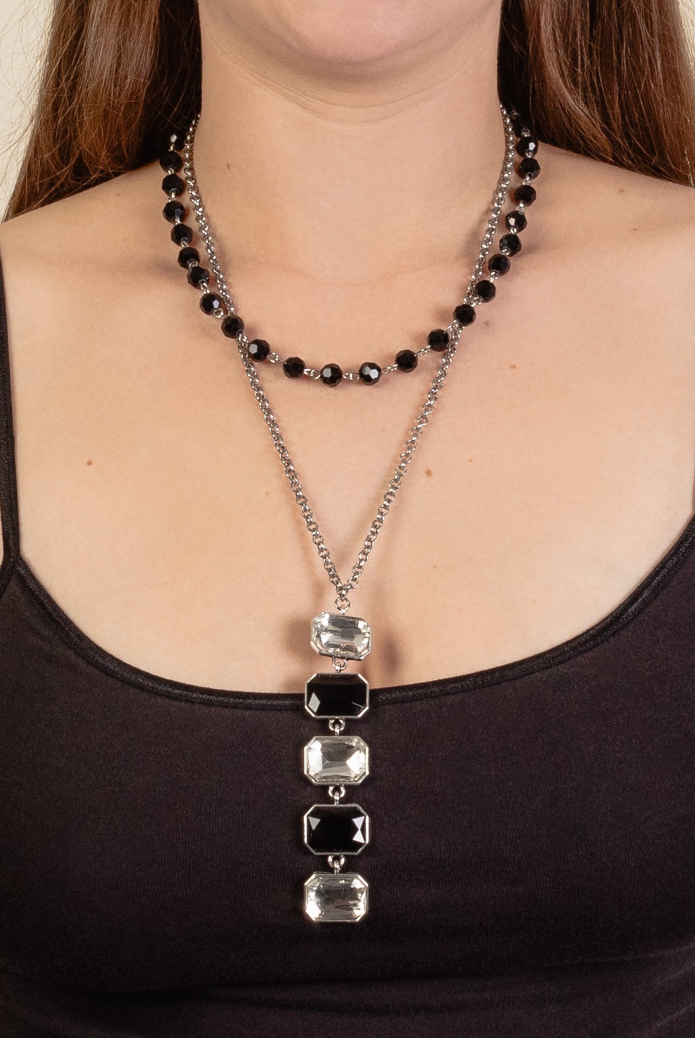 Black & Crystal Tiered Pendant Necklace – Statement Beaded Jewelry-Necklaces-Deja Nu Tx-Deja Nu Boutique, Women's Fashion Boutique in Lampasas, Texas
