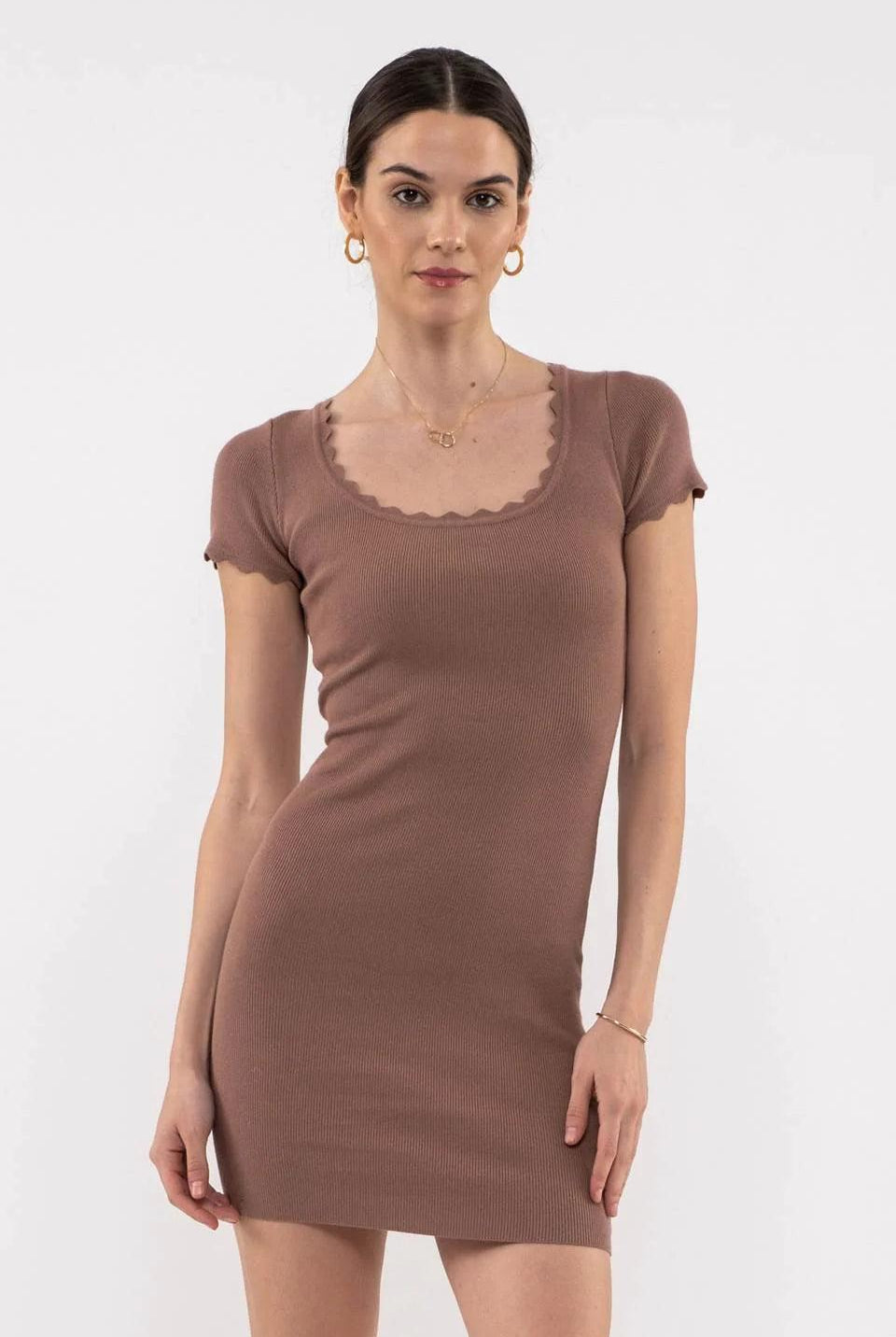 Blu Pepper Scallop Edge Knit Mini Dress In Mocha-Dresses-Blu Pepper-Deja Nu Boutique, Women's Fashion Boutique in Lampasas, Texas