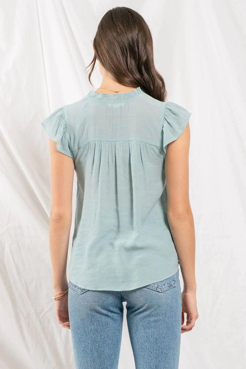 Blu pepper Neck Tie Embroidered Top In Dusty Mint-Tops-Blu Pepper-Deja Nu Boutique, Women's Fashion Boutique in Lampasas, Texas