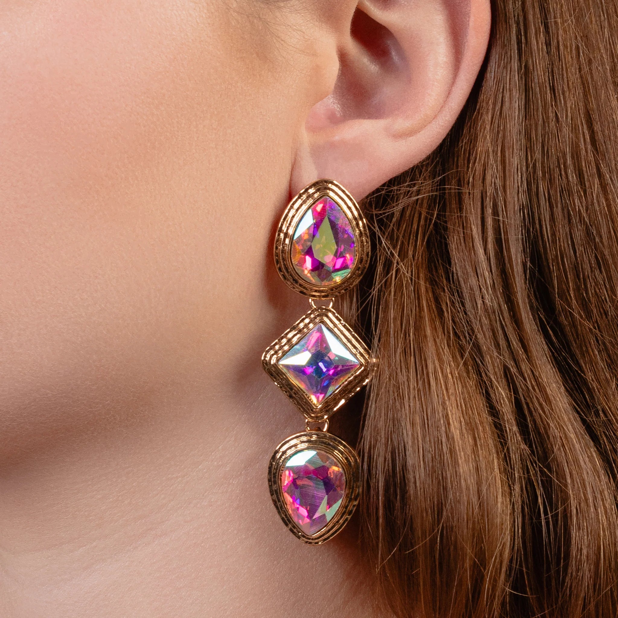 Bold AB Crystal Drop Earrings with Gold Trim-Earrings-Deja Nu Tx-Deja Nu Boutique, Women's Fashion Boutique in Lampasas, Texas
