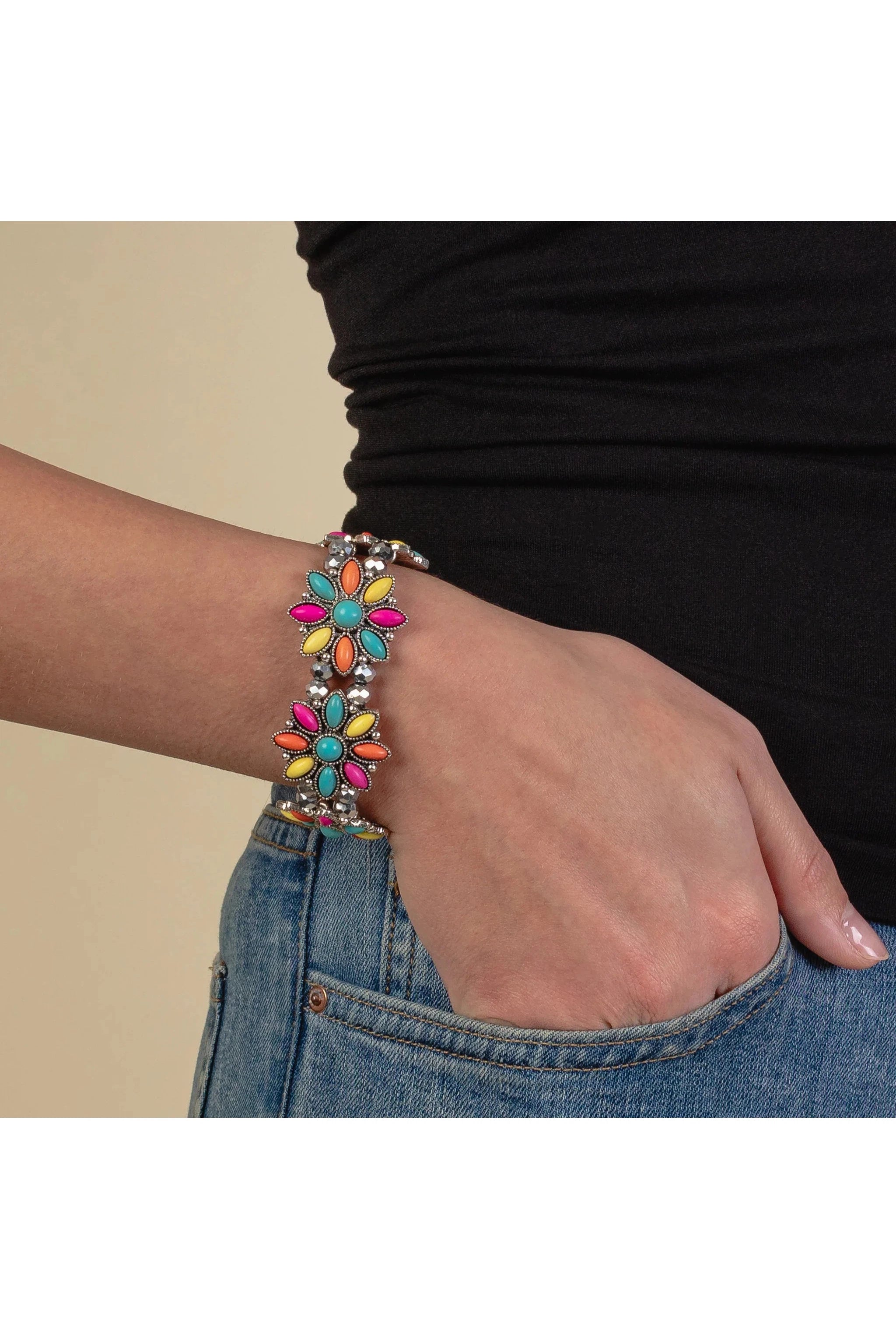 Brilliant Squash Blossom Multi Turquoise Stone Bracelet With Silver Crystal Beads-Bracelets-Deja Nu-Deja Nu Boutique, Women's Fashion Boutique in Lampasas, Texas