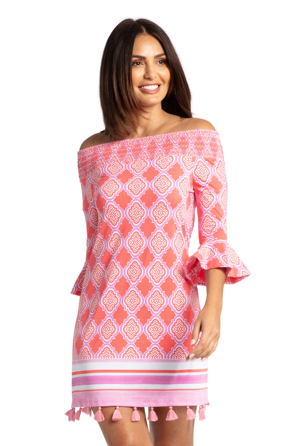 Cabana Life Coral Geo Off The Shoulder Dress-Short Dresses-Cabana Life-Deja Nu Boutique, Women's Fashion Boutique in Lampasas, Texas