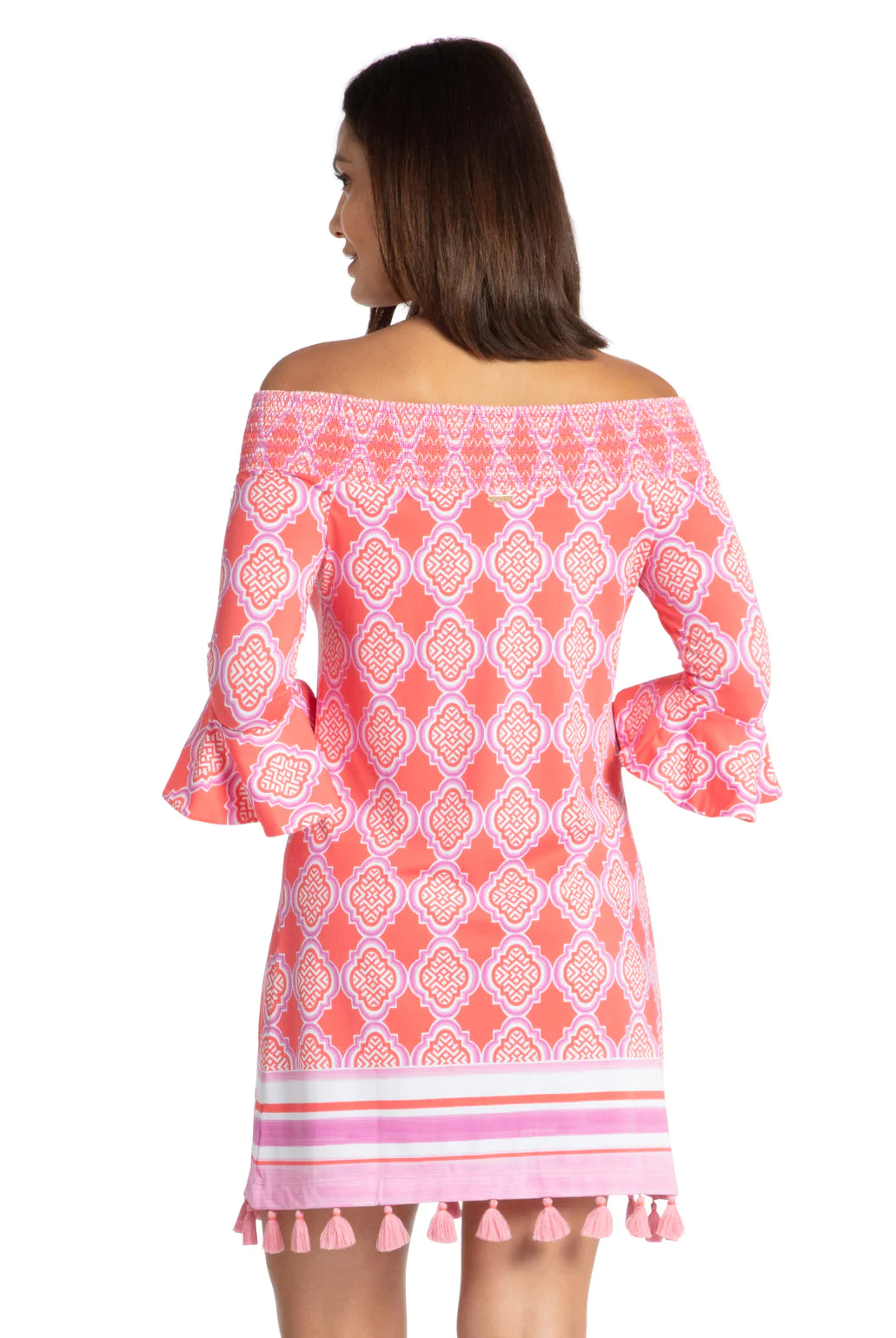 Cabana Life Coral Geo Off The Shoulder Dress-Short Dresses-Cabana Life-Deja Nu Boutique, Women's Fashion Boutique in Lampasas, Texas