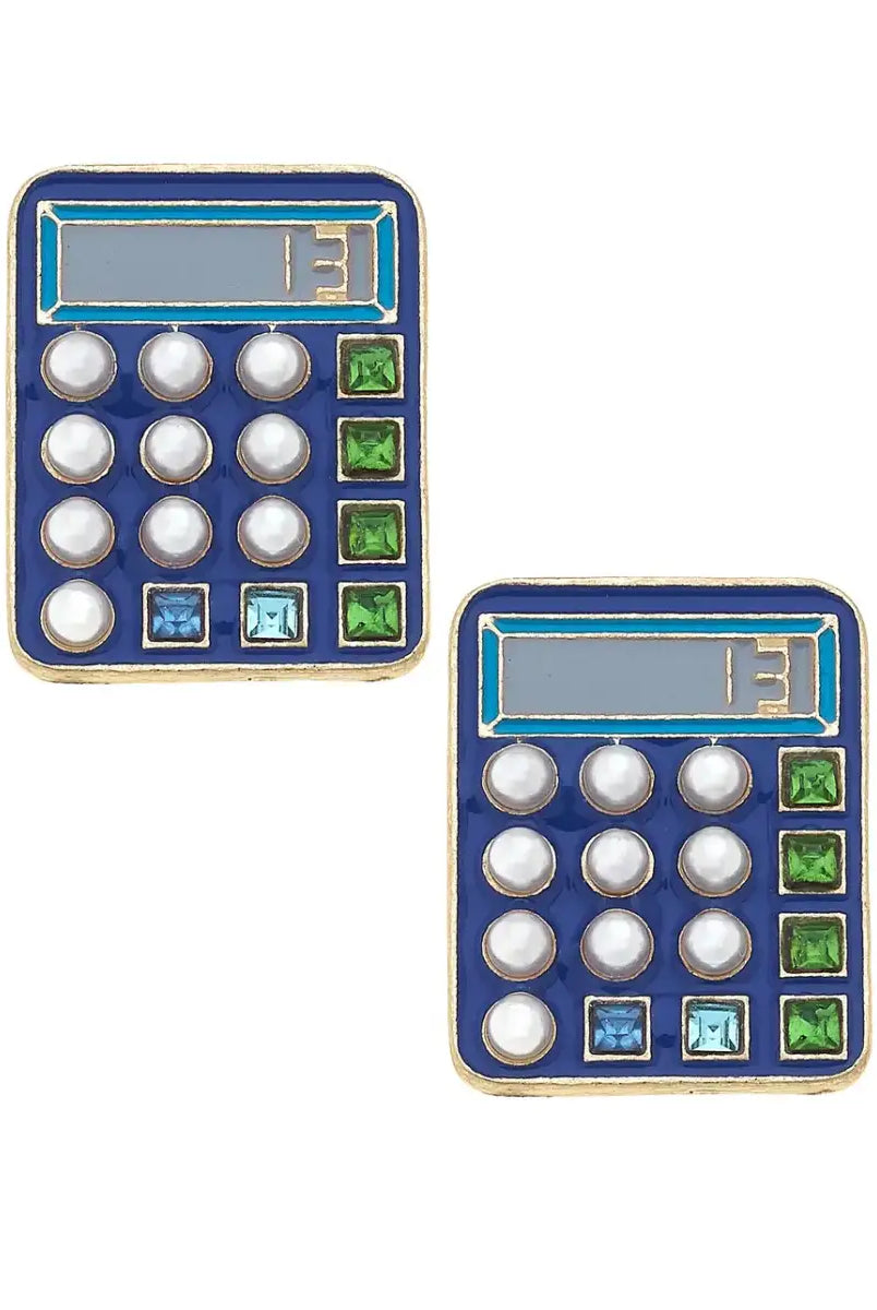 Canvas Style Algebra Enamel Calculator Stud Earrings in Blue & Gold-Earrings-Canvas Style-Deja Nu Boutique, Women's Fashion Boutique in Lampasas, Texas