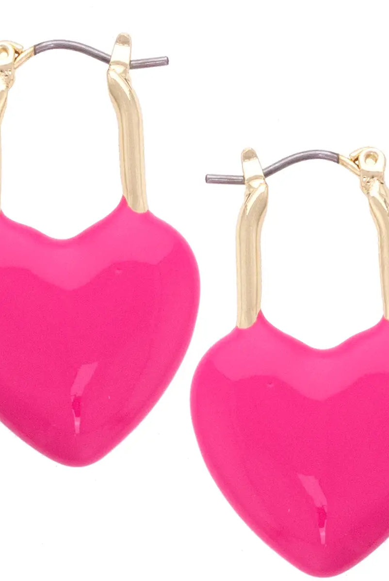 Canvas Style Bowen Puffy Heart Enamel Padlock Earrings in Fuchsia-Earrings-Canvas Style-Deja Nu Boutique, Women's Fashion Boutique in Lampasas, Texas