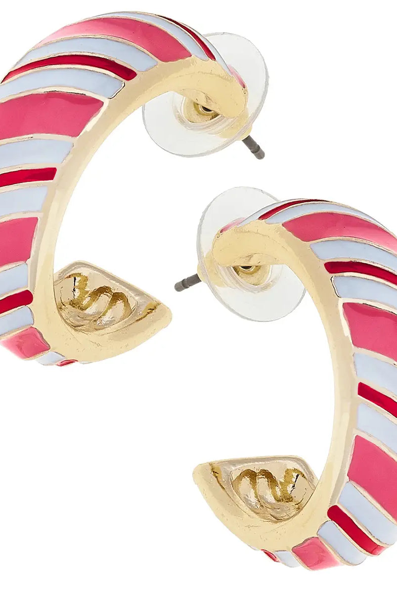 Canvas Style Candy Cane Stripe Enamel Hoop Earrings in Pink, Red & White-Earrings-Canvas Style-Deja Nu Boutique, Women's Fashion Boutique in Lampasas, Texas