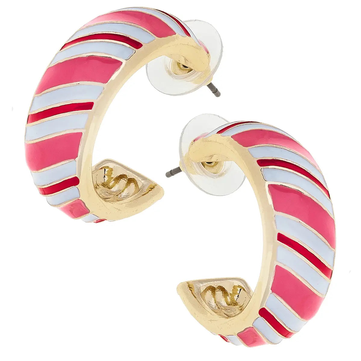 Canvas Style Candy Cane Stripe Enamel Hoop Earrings in Pink, Red & White-Earrings-Canvas Style-Deja Nu Boutique, Women's Fashion Boutique in Lampasas, Texas