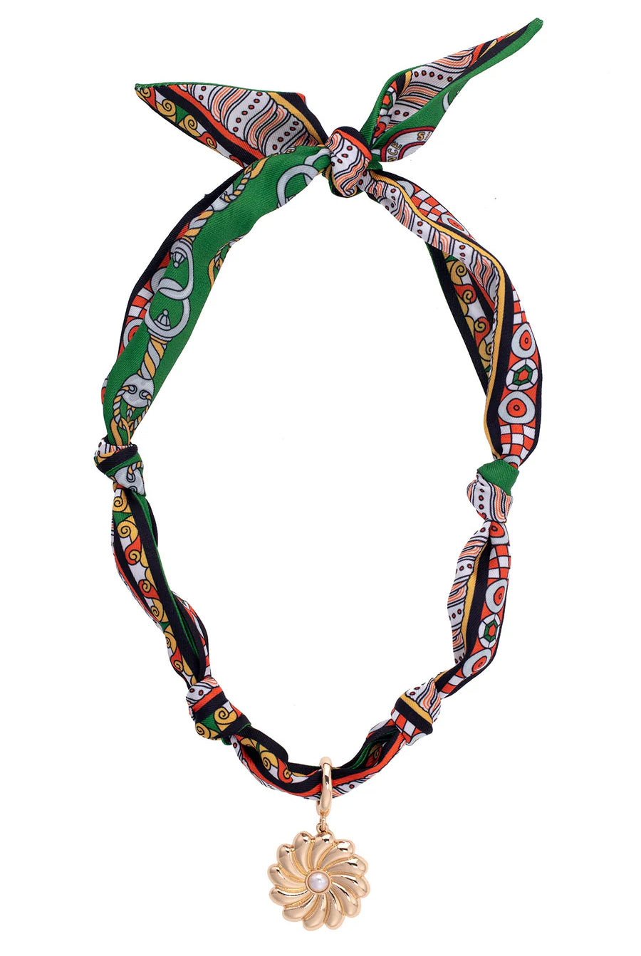 Canvas Style Gertrude Pearl Flower Scarf Necklace in Green/Black/Orange-Scarf Necklace-Canvas Style-Deja Nu Boutique, Women's Fashion Boutique in Lampasas, Texas