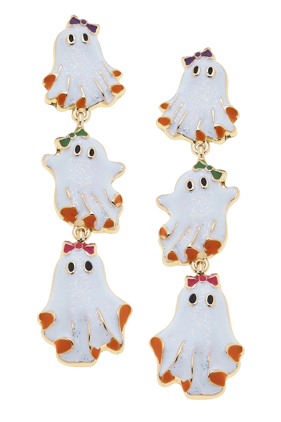 Canvas Style Halloween Linked Enamel Ghost Earrings In 18K Gold Plated White Dangle Studs-Halloween Earrings-Canvas Style-Deja Nu Boutique, Women's Fashion Boutique in Lampasas, Texas