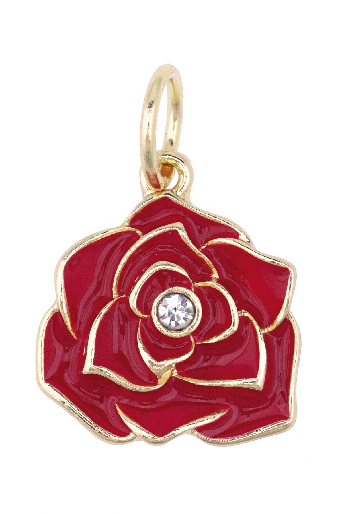 Canvas Style Rhinestone Rose Bud Charm In Red with Shiny Gold Plating-Charms-Canvas Style-Deja Nu Boutique, Women's Fashion Boutique in Lampasas, Texas