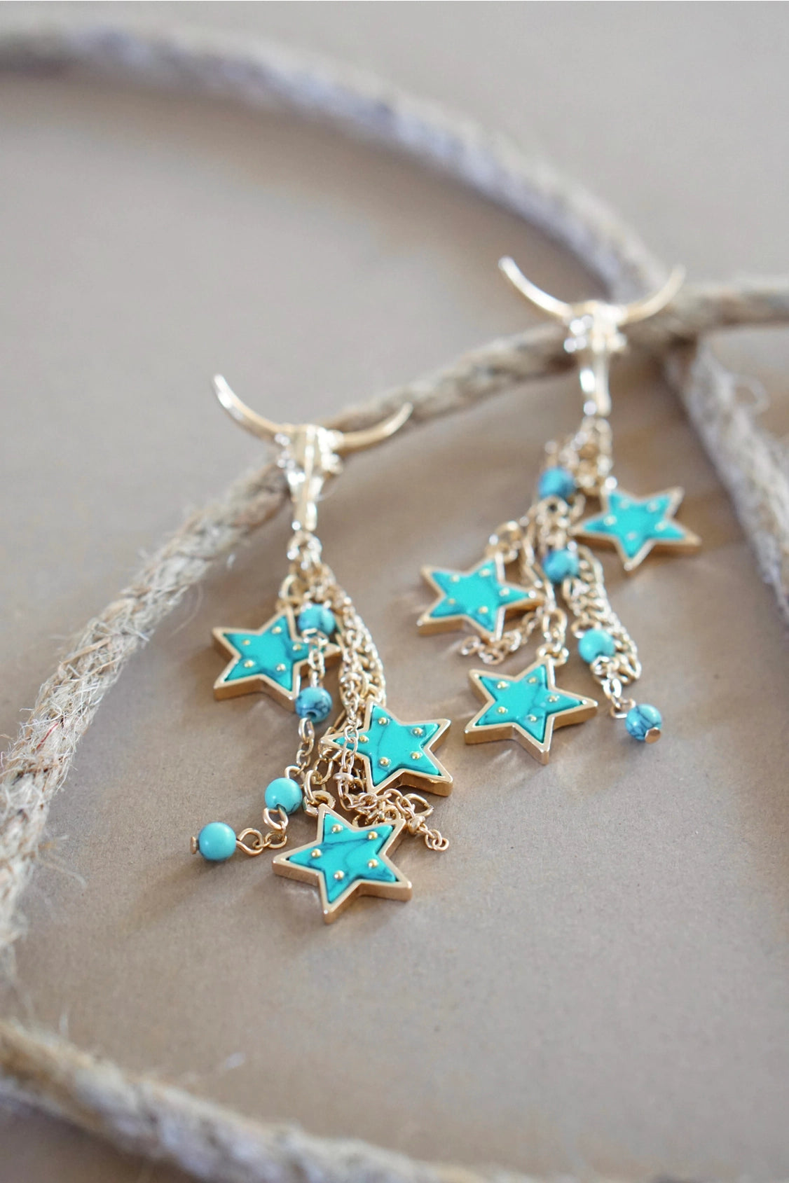 Canvas Style Steer Skull Star Drop Earrings in Turquoise & Gold – Western Statement-charm earrings-Canvas Style-Deja Nu Boutique, Women's Fashion Boutique in Lampasas, Texas