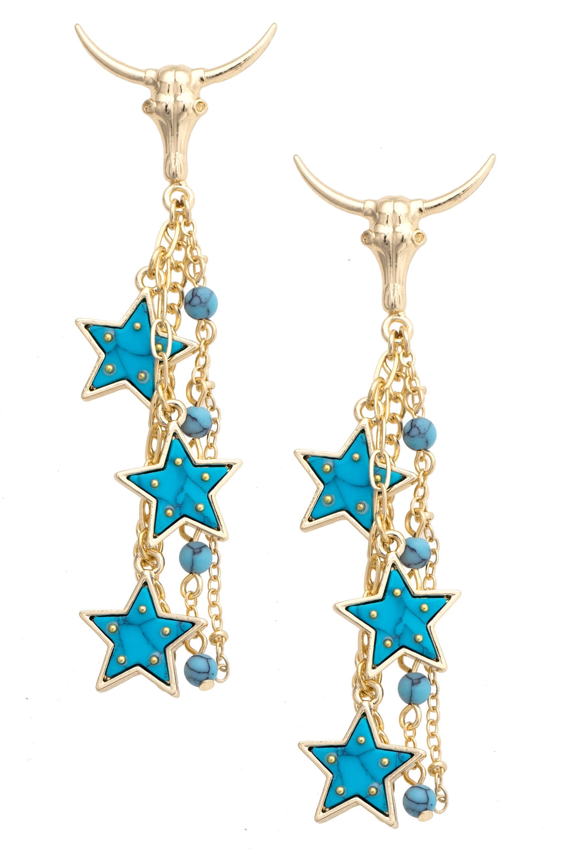 Canvas Style Steer Skull Star Drop Earrings in Turquoise & Gold – Western Statement-charm earrings-Canvas Style-Deja Nu Boutique, Women's Fashion Boutique in Lampasas, Texas