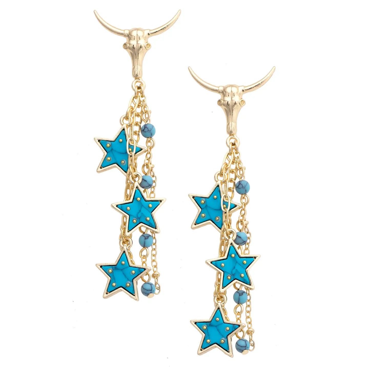 Canvas Style Steer Skull Star Drop Earrings in Turquoise & Gold – Western Statement-charm earrings-Canvas Style-Deja Nu Boutique, Women's Fashion Boutique in Lampasas, Texas