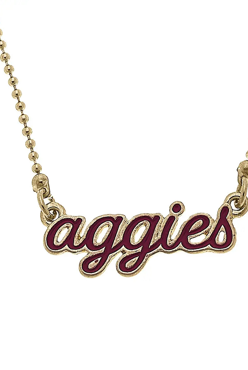 Canvas Style Texas A&M Aggies Enamel Script Necklace – Maroon & Worn Gold-Necklaces-Canvas Style-Deja Nu Boutique, Women's Fashion Boutique in Lampasas, Texas