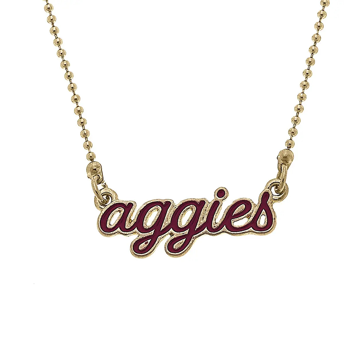Canvas Style Texas A&M Aggies Enamel Script Necklace – Maroon & Worn Gold-Necklaces-Canvas Style-Deja Nu Boutique, Women's Fashion Boutique in Lampasas, Texas