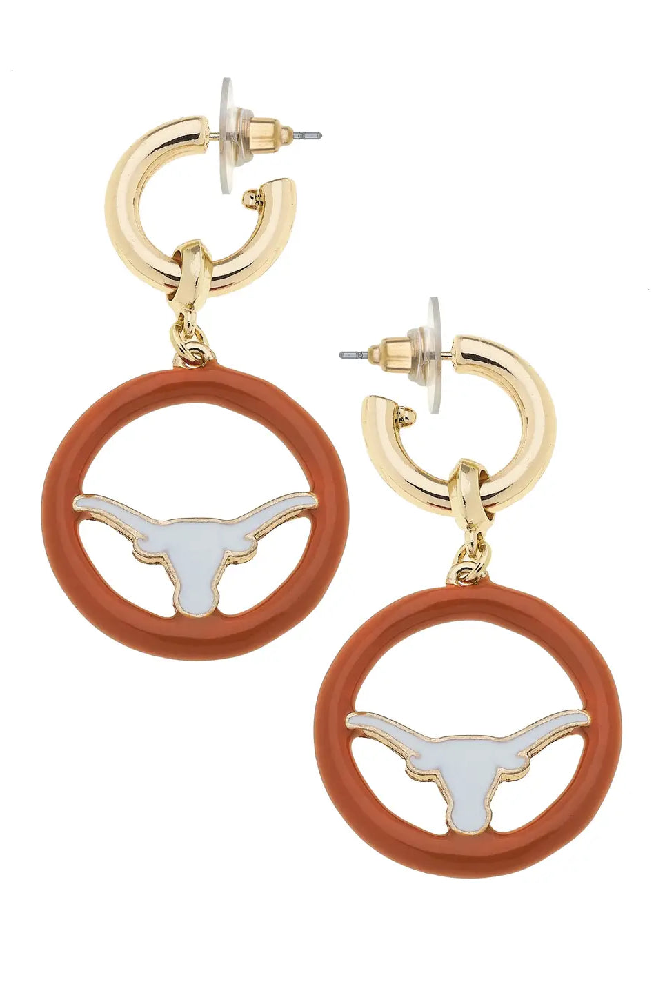 Canvas Style Texas Longhorns Logo Medallion Drop Hoop Earrings in Shiny Gold – 2" Length-Earrings-Canvas Style-Deja Nu Boutique, Women's Fashion Boutique in Lampasas, Texas