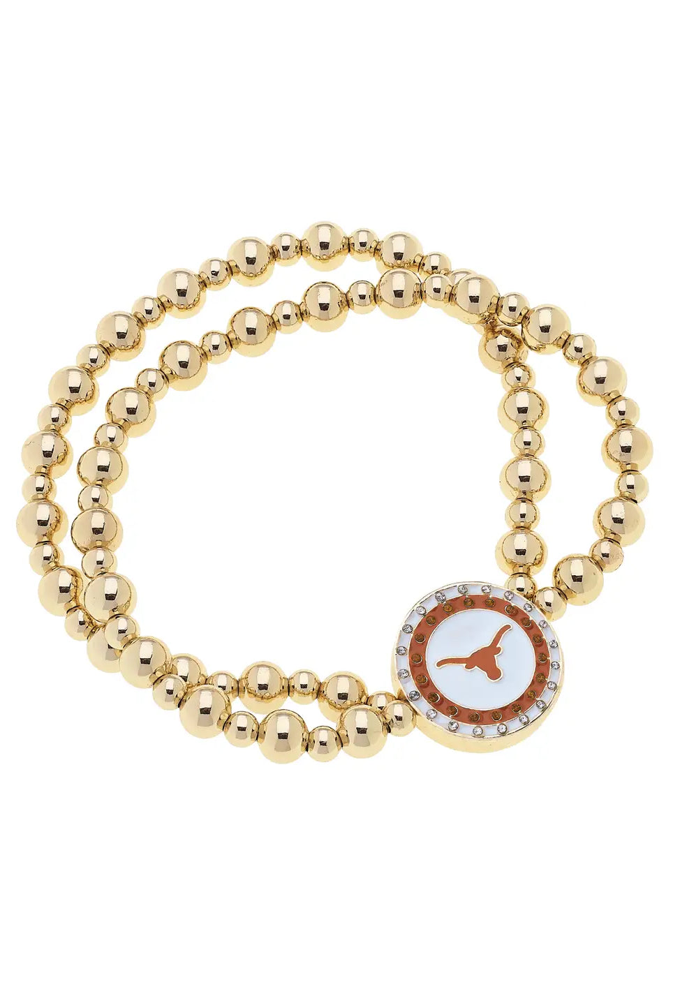 Canvas Style Texas Longhorns Pave Disc 2 Row Ball Bead Stretch Bracelet in Shiny Gold-Bracelets-Canvas Style-Deja Nu Boutique, Women's Fashion Boutique in Lampasas, Texas
