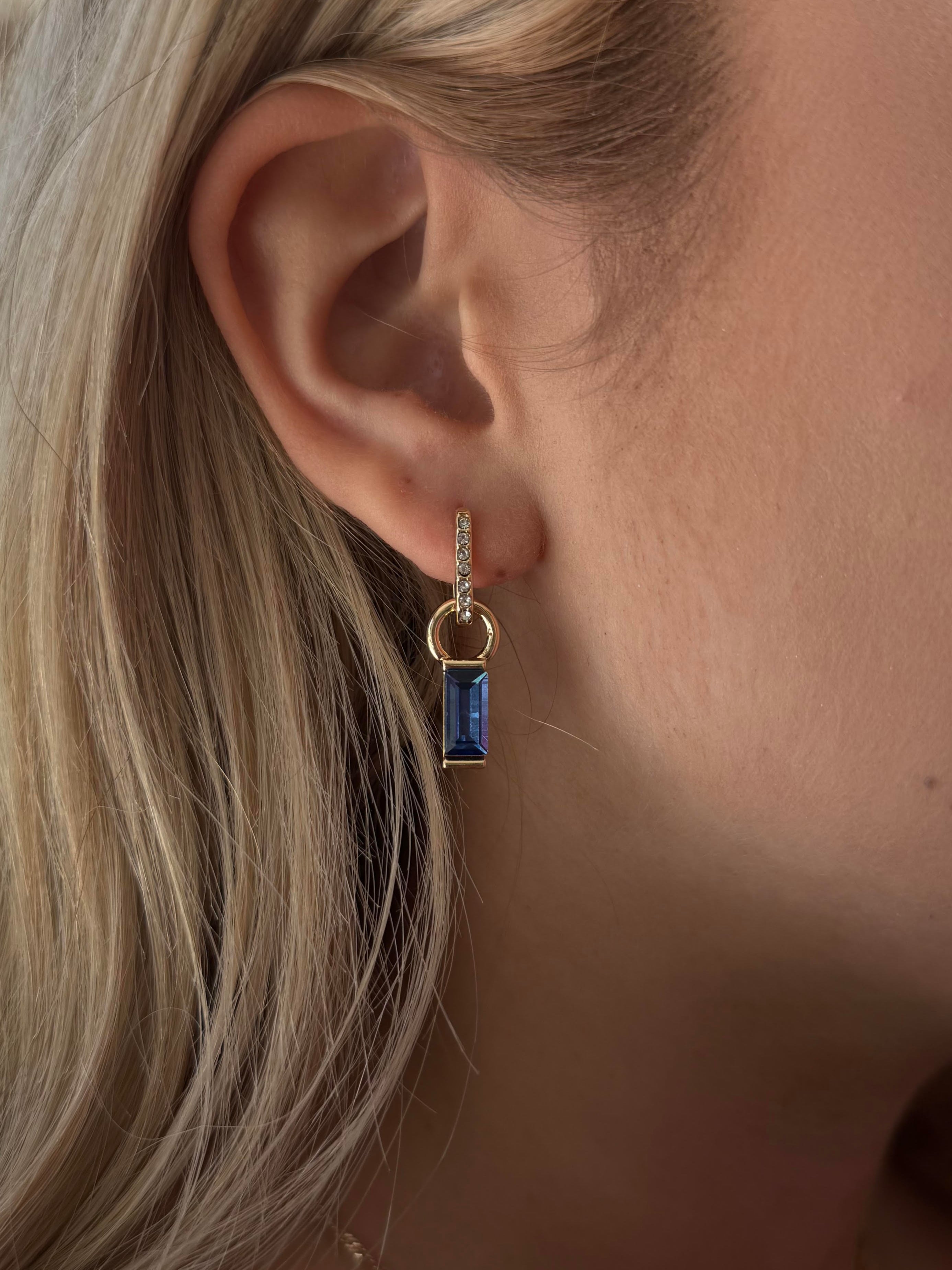 Canvas Style Baguette Blue Huggie Charms In Shiny Gold Plated (Set of 2)-charm earring-Canvas Style-Deja Nu Boutique, Women's Fashion Boutique in Lampasas, Texas