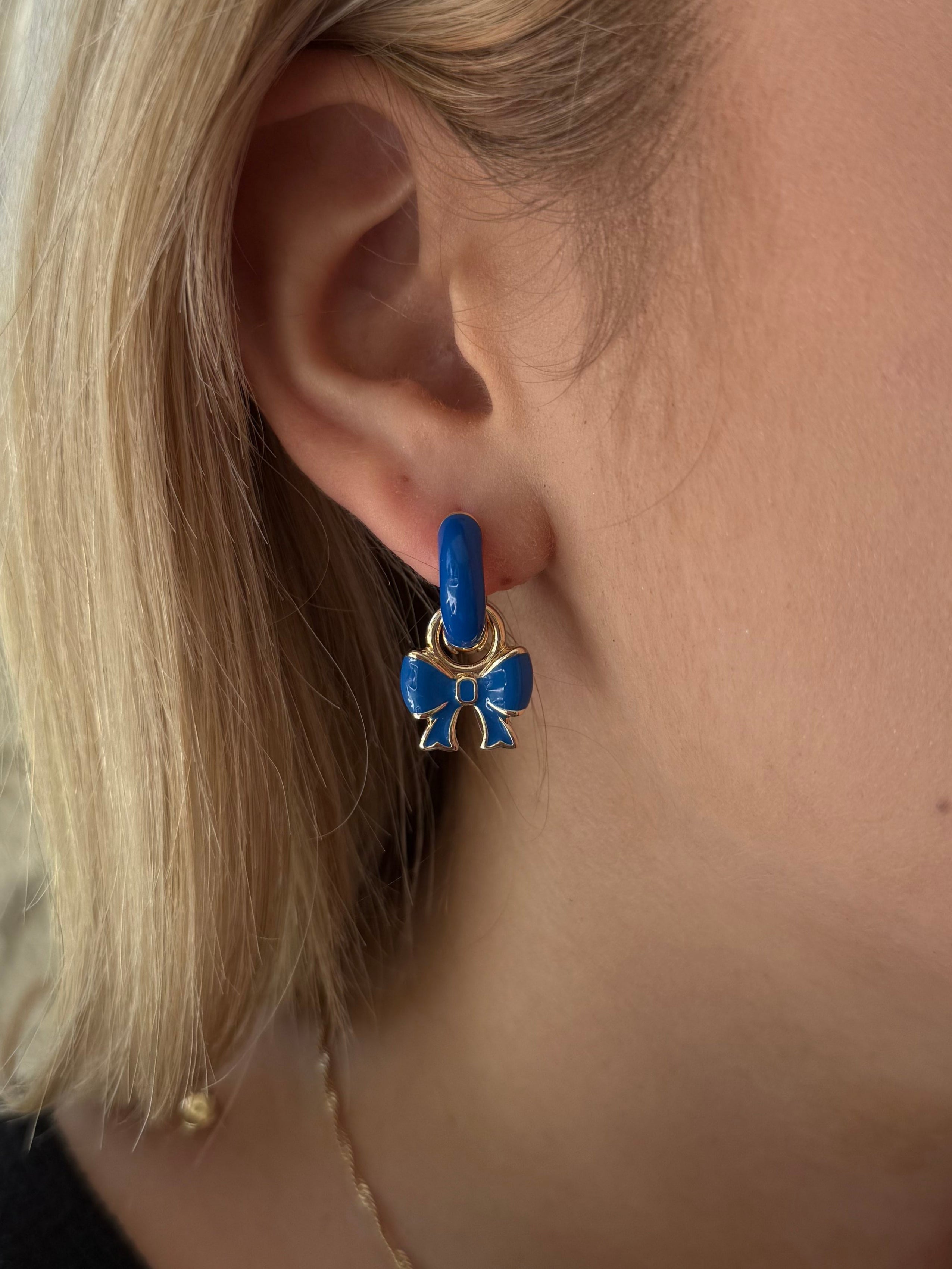 Canvas Style Blue Enamel Bow Huggie Charms In Shiny Gold Plated (Set of 2)-charm earring-Canvas Style-Deja Nu Boutique, Women's Fashion Boutique in Lampasas, Texas