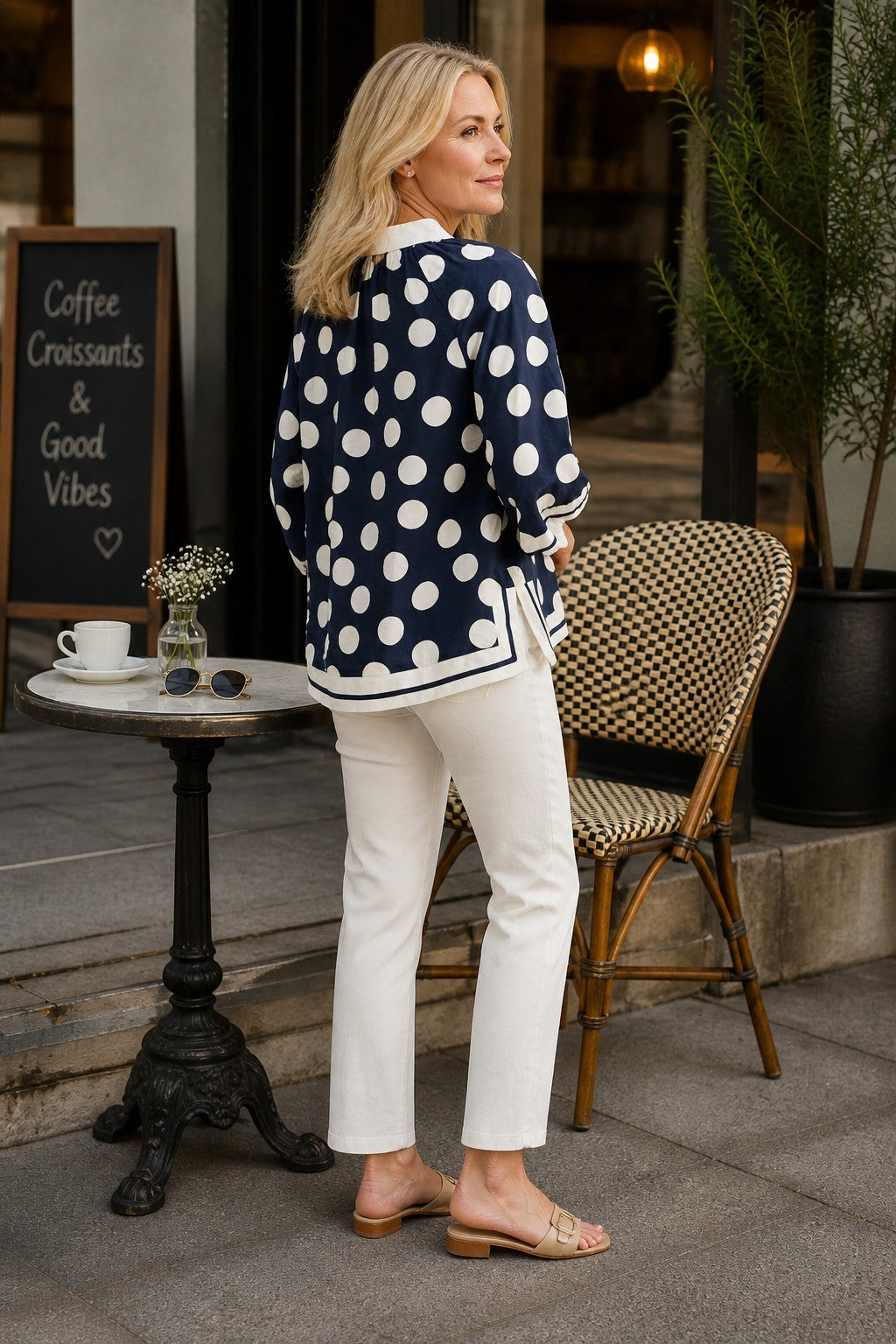 Jodifl Navy & White Polka Dot Notched Blouse-Tops-Jodifl-Deja Nu Boutique, Women's Fashion Boutique in Lampasas, Texas