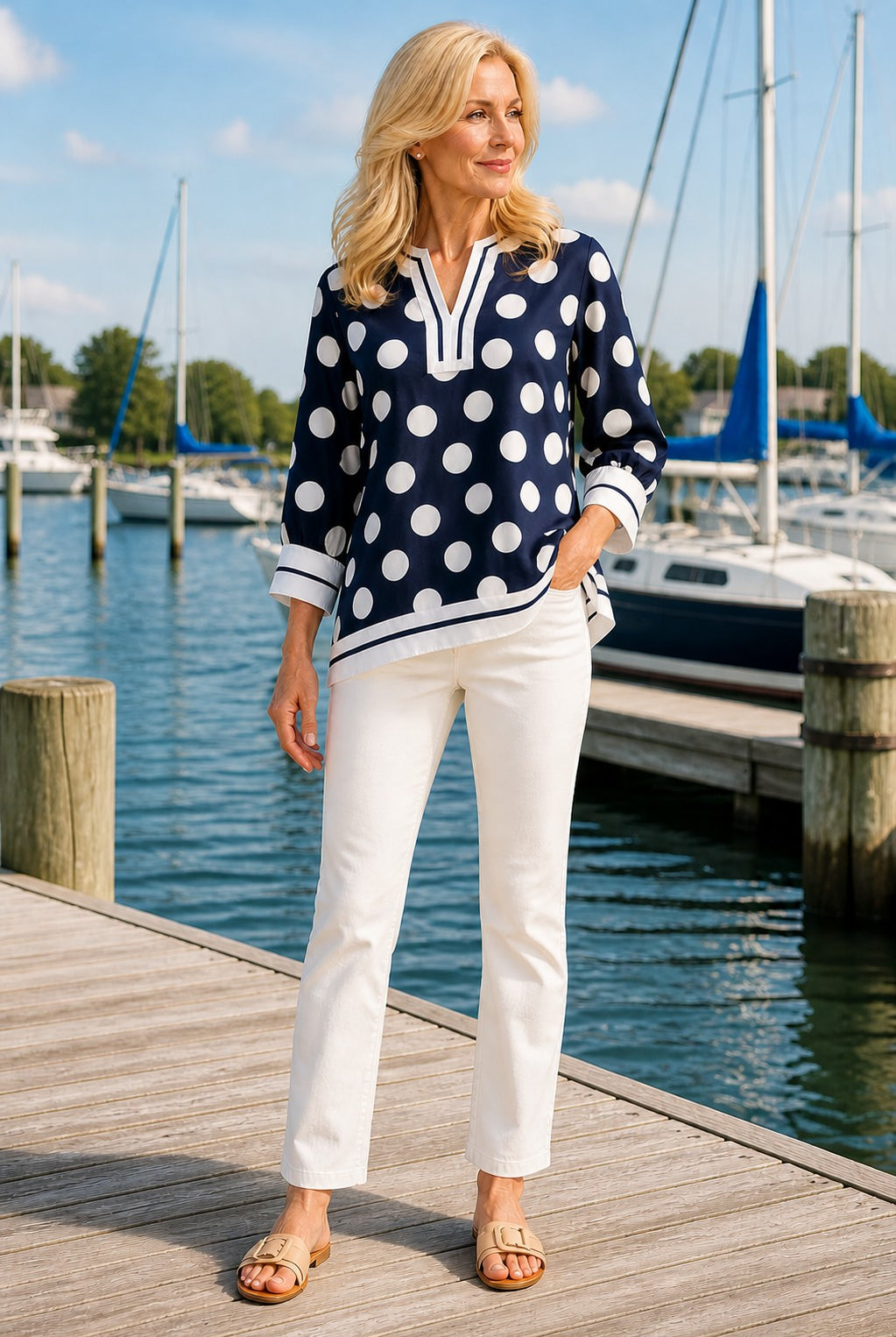 Jodifl Navy & White Polka Dot Notched Blouse-Tops-Jodifl-Deja Nu Boutique, Women's Fashion Boutique in Lampasas, Texas