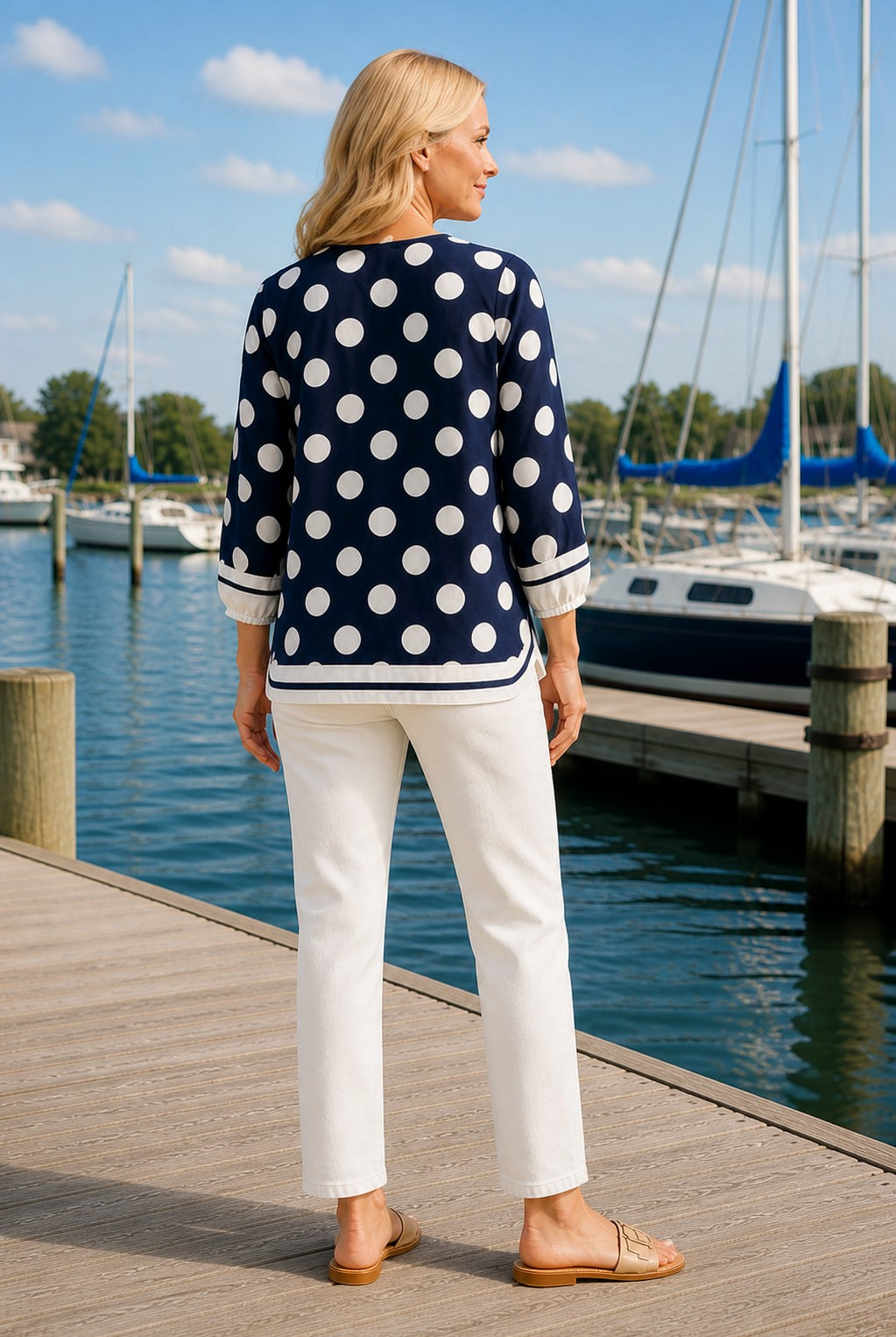 Jodifl Navy & White Polka Dot Notched Blouse-Tops-Jodifl-Deja Nu Boutique, Women's Fashion Boutique in Lampasas, Texas