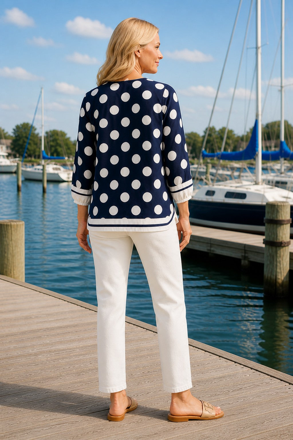 Jodifl Navy & White Polka Dot Notched Blouse-Tops-Jodifl-Deja Nu Boutique, Women's Fashion Boutique in Lampasas, Texas