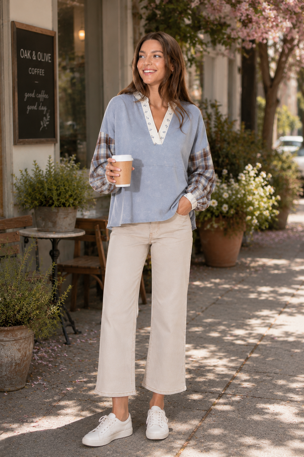 ee:some Mineral Washed Floral Trim Plaid Contrast Top-Tops-ee:some-Deja Nu Boutique, Women's Fashion Boutique in Lampasas, Texas