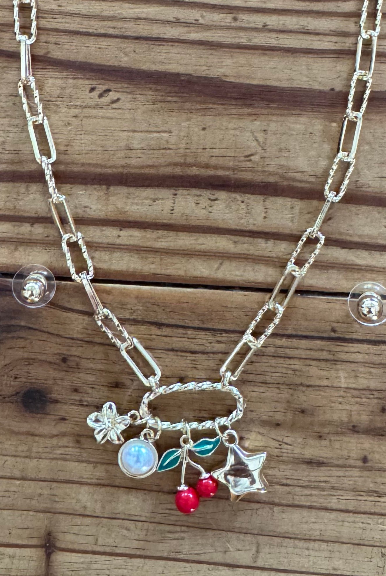Cherry Charm Paperclip Chain Necklace – Gold with Whimsical Dangles-Necklaces-Deja Nu Tx-Deja Nu Boutique, Women's Fashion Boutique in Lampasas, Texas