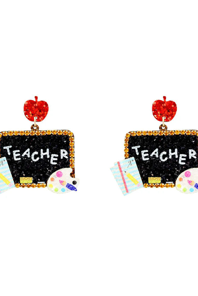 Chic & Cool Glitter Blackboard Teacher Earrings – Apple Top Dangle, 1.9"-Earrings-Chic & Cool-Deja Nu Boutique, Women's Fashion Boutique in Lampasas, Texas