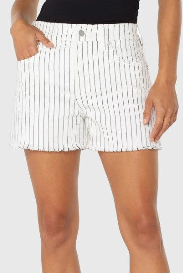 Liverpool Christine Hi-Rise A-Line Pinstripe Shorts - White/Black-Shorts-Liverpool-Deja Nu Boutique, Women's Fashion Boutique in Lampasas, Texas