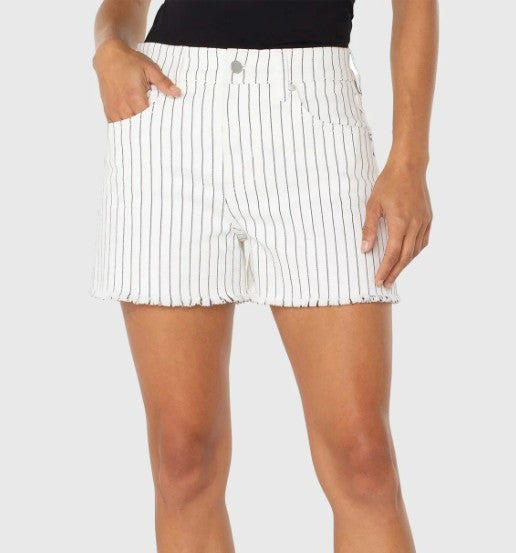 Liverpool Christine Hi-Rise A-Line Pinstripe Shorts - White/Black-Shorts-Liverpool-Deja Nu Boutique, Women's Fashion Boutique in Lampasas, Texas